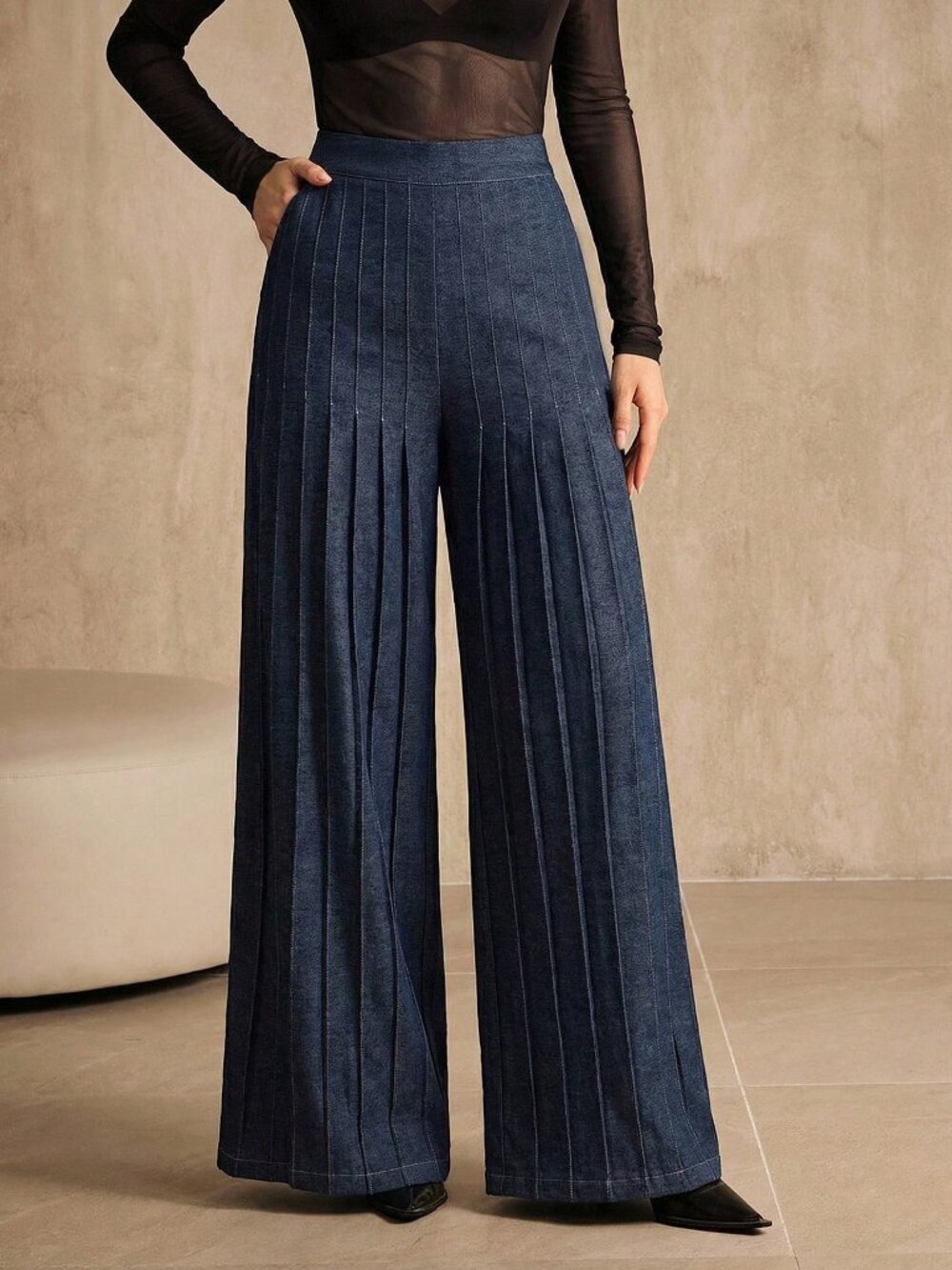 Blue Casual Women's Elegant Pleated Wide Leg Pants - Picture 7 of 7